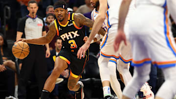 Phoenix Suns guard Bradley Beal dribbles the ball against the Oklahoma City Thunder during an NBA regular season game