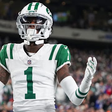 Oct 14, 2024; East Rutherford, New Jersey, USA; New York Jets cornerback Sauce Gardner (1) reacts to a call during the first half against the Buffalo Bills at MetLife Stadium. Mandatory Credit: Lucas Boland-Imagn Images