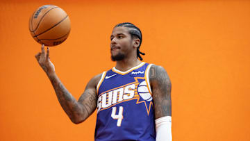 Sep 24, 2025; Phoenix, AZ, USA; Phoenix Suns guard Jalen Green (4) poses for portrait during Media Day at PHX Arena. Mandatory Credit: Mark J. Rebilas-Imagn Images