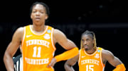 Tennessee Volunteers guard Jahmai Mashack (15) walks onto the court as his team continues to fall behind the Houston Cougars during the second half of a game Sunday, March 30, 2025, during the Elite Eight round of the NCAA March Madness tournament at Lucas Oil Stadium in Indianapolis. Houston defeated Tennessee 69-50.