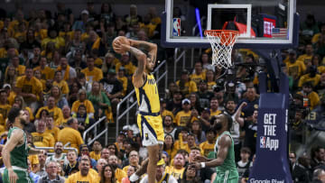 May 27, 2024; Indianapolis, Indiana, USA; Indiana Pacers forward Obi Toppin (1) attempts to score during the fourth quarter during game four of the eastern conference finals for the 2024 NBA playoffs at Gainbridge Fieldhouse. Mandatory Credit: Trevor Ruszkowski-USA TODAY Sports