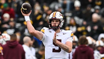 Oct 25, 2025; Iowa City, Iowa, USA; Minnesota Golden Gophers quarterback Drake Lindsey (5) throws a pass during warmups before the game against the Iowa Hawkeyes at Kinnick Stadium. Mandatory Credit: Jeffrey Becker-Imagn Images