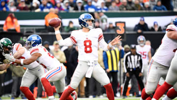 New York Giants quarterback Daniel Jones (8) throws against the New York Jets in the second half. The New York Jets defeat the New York Giants, 34-17, on Sunday, Nov. 10, 2019, in East Rutherford.