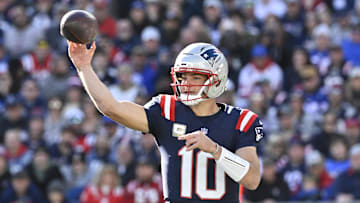 Nov 2, 2025; Foxborough, Massachusetts, USA; New England Patriots quarterback Drake Maye (10) passes against the Atlanta Falcons during the first half at Gillette Stadium. Mandatory Credit: Eric Canha-Imagn Images