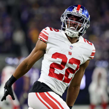 Jan 15, 2023; Minneapolis, Minnesota, USA; New York Giants cornerback Adoree' Jackson (22) reacts after a play against the Minnesota Vikings during the fourth quarter during a wild card game at U.S. Bank Stadium.  