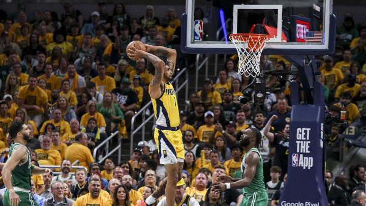 May 27, 2024; Indianapolis, Indiana, USA; Indiana Pacers forward Obi Toppin (1) attempts to score during the fourth quarter during game four of the eastern conference finals for the 2024 NBA playoffs at Gainbridge Fieldhouse. Mandatory Credit: Trevor Ruszkowski-USA TODAY Sports