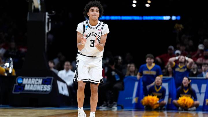 Vanderbilt Commodores guard Tyler Tanner (3) celebrates during a first-round game in the NCAA men's basketball tournament between McNeese and Vanderbilt at Paycom Center in Oklahoma City, Thursday, March 19, 2026.