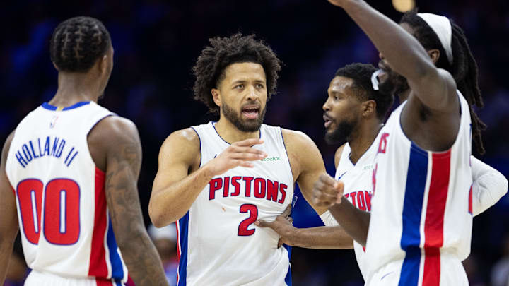 Oct 30, 2024; Philadelphia, Pennsylvania, USA; Detroit Pistons guard Cade Cunningham (2) talks with his teammates during a timeout in the fourth quarter against the Philadelphia 76ers at Wells Fargo Center. Mandatory Credit: Bill Streicher-Imagn Images