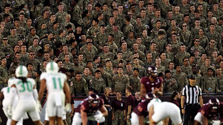 Sep 7, 2024; Blacksburg, Virginia, USA; The Virginia Tech Corp of Cadets watches as the Virginia Tech Hokies plays against the Marshall Thundering Herd at Lane Stadium. Mandatory Credit: Peter Casey-Imagn Images