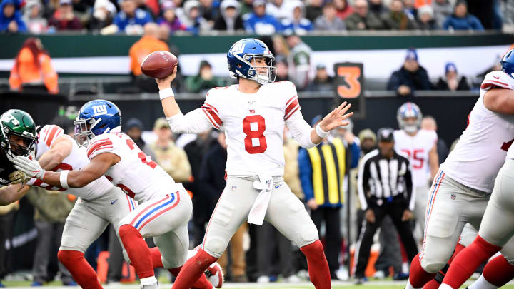 New York Giants quarterback Daniel Jones (8) throws against the New York Jets in the second half. The New York Jets defeat the New York Giants, 34-17, on Sunday, Nov. 10, 2019, in East Rutherford.