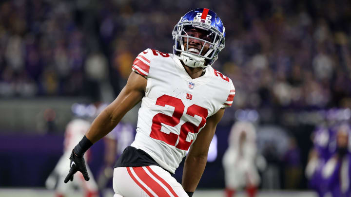 Jan 15, 2023; Minneapolis, Minnesota, USA; New York Giants cornerback Adoree' Jackson (22) reacts after a play against the Minnesota Vikings during the fourth quarter during a wild card game at U.S. Bank Stadium.  