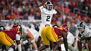 Sep 20, 2025; Los Angeles, California, USA; Michigan State Spartans quarterback Aidan Chiles (2) calls a play before the snap during the second half at the Los Angeles Memorial Coliseum. Mandatory Credit: Gary A. Vasquez-Imagn Images