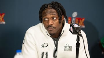 Feb 5, 2025; New Orleans, LA, USA; Philadelphia Eagles wide receiver A.J. Brown speaks with the media during a press conference at Hilton New Orleans Riverside. Mandatory Credit: Bill Streicher-Imagn Images