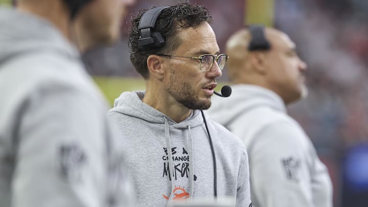 Miami Dolphins head coach Mike McDaniel looks on during the first half against the Houston Texans at NRG Stadium in Week 15. Miami Dolphins head coach Mike McDaniel looks on during the first half against the Houston Texans at NRG Stadium in Week 15.