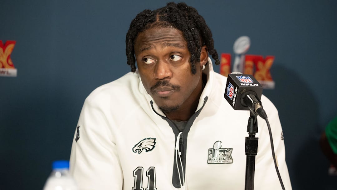Feb 5, 2025; New Orleans, LA, USA; Philadelphia Eagles wide receiver A.J. Brown speaks with the media during a press conference at Hilton New Orleans Riverside. Mandatory Credit: Bill Streicher-Imagn Images