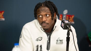 Feb 5, 2025; New Orleans, LA, USA; Philadelphia Eagles wide receiver A.J. Brown speaks with the media during a press conference at Hilton New Orleans Riverside. Mandatory Credit: Bill Streicher-Imagn Images