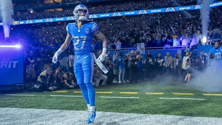 Jan 21, 2024; Detroit, Michigan, USA; Detroit Lions cornerback Chase Lucas (27) runs onto the field before a 2024 NFC divisional round game against the Tampa Bay Buccaneers at Ford Field.