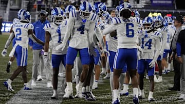 Sep 6, 2024; Evanston, Illinois, USA; Duke Blue Devils wide receiver Eli Pancol (4) celebrates his touchdown against the Northwestern Wildcats  during the first half at Lanny and Sharon Martin Stadium. Mandatory Credit: David Banks-Imagn Images