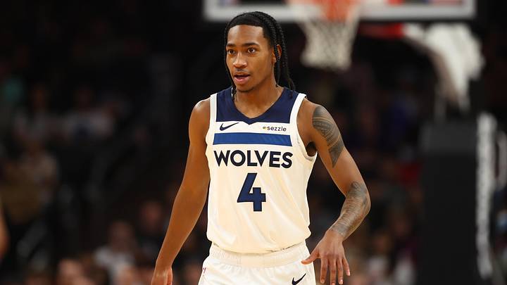 Jan 29, 2025; Phoenix, Arizona, USA; Minnesota Timberwolves guard Rob Dillingham (4) against the Phoenix Suns at Footprint Center. Mandatory Credit: Mark J. Rebilas-Imagn Images