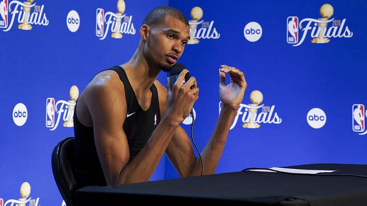 Jun 13, 2026; San Antonio, Texas, USA; San Antonio Spurs forward Victor Wembanyama (1) speaks to the media after the New York Knicks defeat the Spurs during game five of the 2026 NBA Finals at Frost Bank Center. Mandatory Credit: Dustin Safranek-Imagn Images