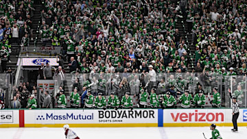 May 3, 2025; Dallas, Texas, USA; The Dallas Stars fans and team bench celebrate as right wing Mikko Rantanen (not pictured) scores an empty net goal against the Colorado Avalanche for a hat trick during the third period in game seven of the first round of the 2025 Stanley Cup Playoffs at American Airlines Center. Mandatory Credit: Jerome Miron-Imagn Images