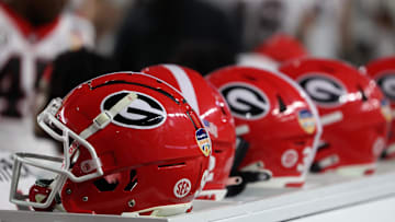 Dec 30, 2023; Miami Gardens, FL, USA; A detailed view of the Georgia Bulldogs helmet during the 2023 Orange Bowl at Hard Rock Stadium. Mandatory Credit: Nathan Ray Seebeck-Imagn Images