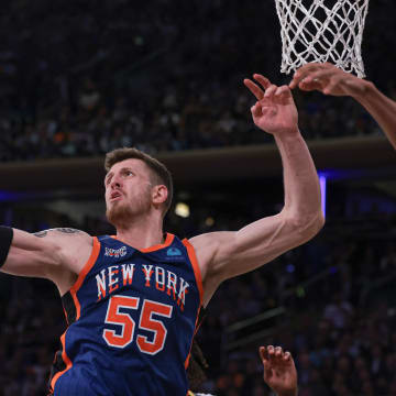 May 14, 2024; New York, New York, USA; New York Knicks center Isaiah Hartenstein (55) rebounds against Indiana Pacers forward Obi Toppin (1) during the second half during game five of the second round for the 2024 NBA playoffs at Madison Square Garden. Mandatory Credit: Vincent Carchietta-USA TODAY Sports