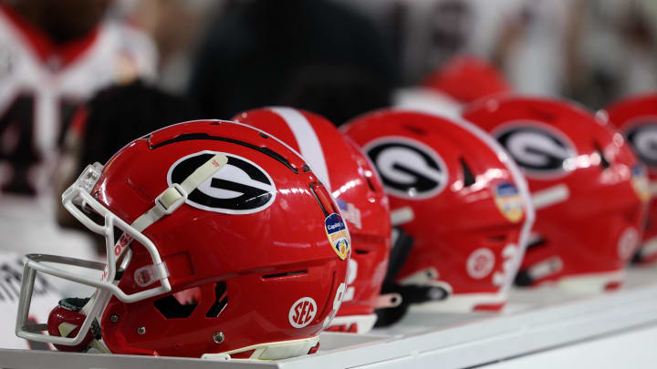 Dec 30, 2023; Miami Gardens, FL, USA; A detailed view of the Georgia Bulldogs helmet during the 2023 Orange Bowl at Hard Rock Stadium. Mandatory Credit: Nathan Ray Seebeck-USA TODAY Sports