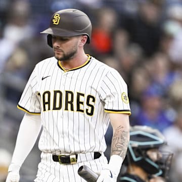 Jul 10, 2025; San Diego, California, USA; San Diego Padres center fielder Jackson Merrill (3) walks back to the dugout after striking out during the second inning against the Arizona Diamondbacks at Petco Park. Mandatory Credit: Denis Poroy-Imagn Images a