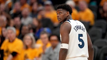 May 12, 2025; San Francisco, California, USA; Minnesota Timberwolves guard Anthony Edwards (5) stands on the court during action against the Golden State Warriors in the fourth quarter during game four of the second round for the 2025 NBA Playoffs at Chase Center. Mandatory Credit: Cary Edmondson-Imagn Images