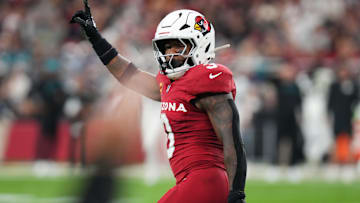 Arizona Cardinals safety Budda Baker (3) celebrates his sack of Jacksonville Jaguars quarterback Trevor Lawrence (16) at State Farm Stadium on Nov. 23, 2025.