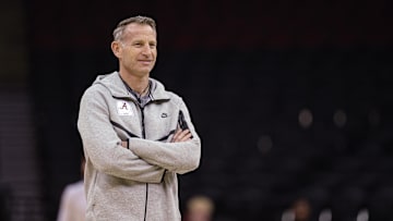Mar 26, 2025; Newark, NJ, USA; Alabama Crimson Tide head coach Nate Oats during a practice session in preparation for an East Regional semifinal game against the Brigham Young Cougars at Prudential Center. Mandatory Credit: Vincent Carchietta-Imagn Images