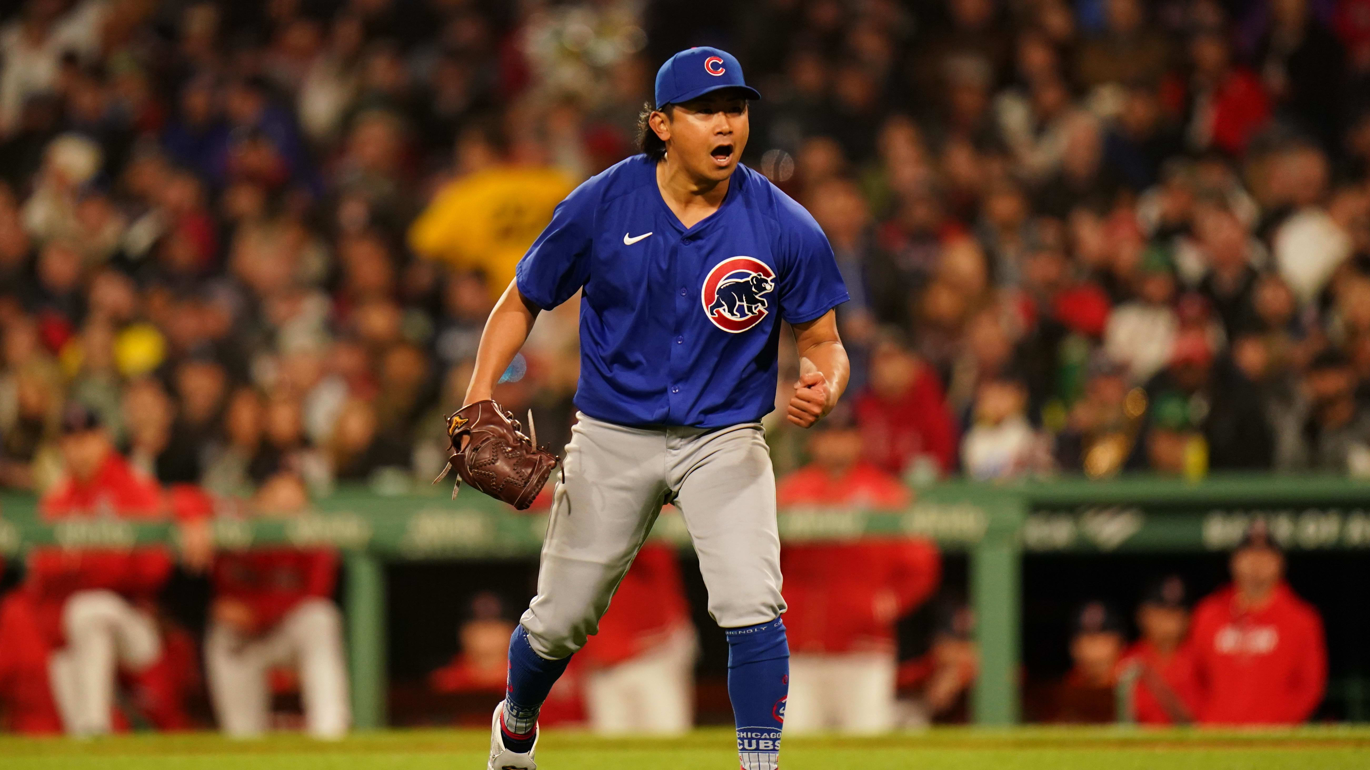 Apr 26, 2024; Boston, Massachusetts, USA; Chicago Cubs starting pitcher Shota Imanaga (18) reacts to getting an out.