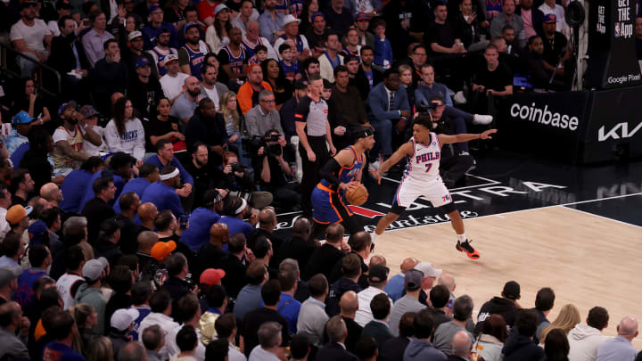 Apr 30, 2024; New York, New York, USA; New York Knicks guard Josh Hart (3) handles the ball against Philadelphia 76ers guard Kyle Lowry (7) during the third quarter of game 5 of the first round of the 2024 NBA playoffs at Madison Square Garden. Mandatory Credit: Brad Penner-USA TODAY Sports