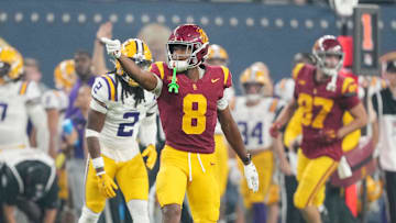Sep 1, 2024; Paradise, Nevada, USA; Southern California Trojans wide receiver Ja'Kobi Lane gestures after a first down in the second half against the LSU Tigers.