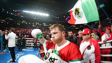 Canelo Alvarez and Gennadiy Golovkin box during a middleweight championship bout at T-Mobile Arena. 