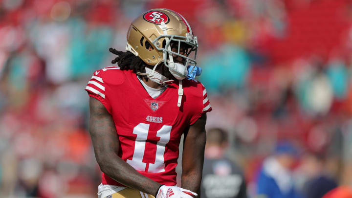 Dec 4, 2022; Santa Clara, California, USA; San Francisco 49ers wide receiver Brandon Aiyuk (11) before the game against the Miami Dolphins at Levi's Stadium. Mandatory Credit: Sergio Estrada-USA TODAY Sports