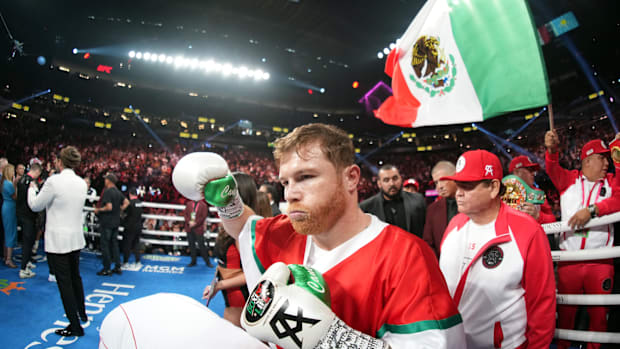 Canelo Alvarez entering the ring.