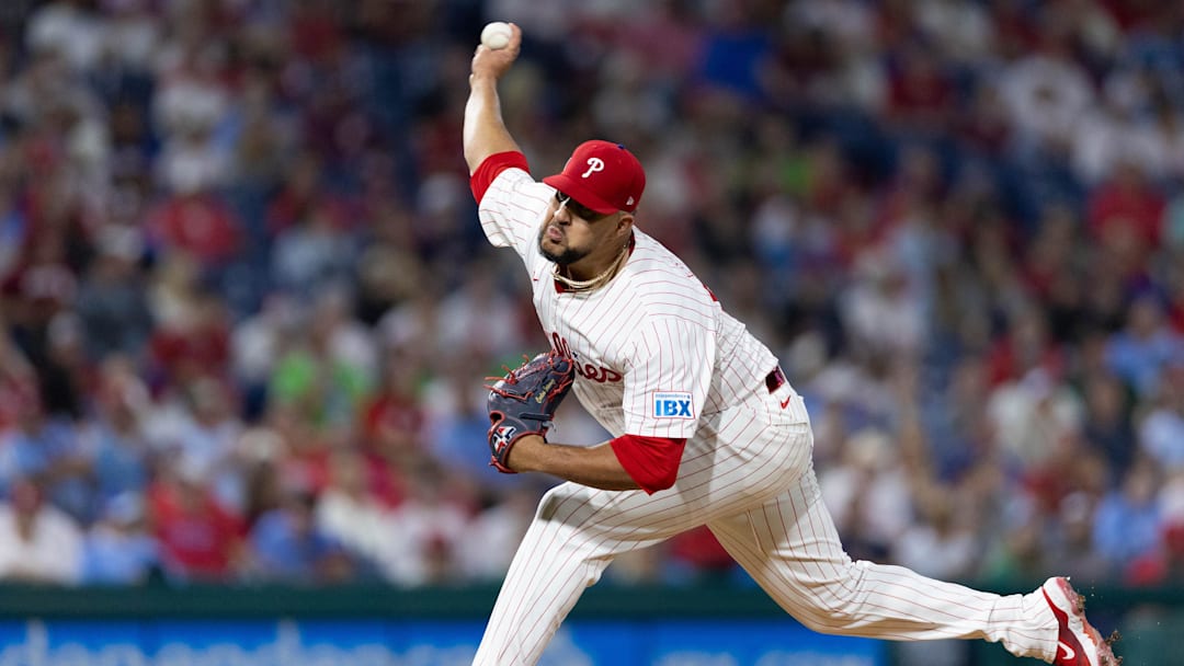 Sep 11, 2024; Philadelphia, Pennsylvania, USA; Philadelphia Phillies pitcher Carlos Estevez (53) throws a pitch during the ninth inning against the Tampa Bay Rays at Citizens Bank Park. 