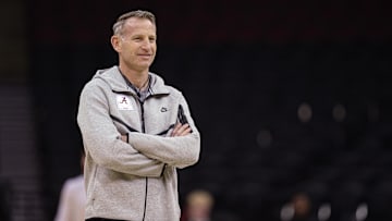 Mar 26, 2025; Newark, NJ, USA; Alabama Crimson Tide head coach Nate Oats during a practice session in preparation for an East Regional semifinal game against the Brigham Young Cougars at Prudential Center. Mandatory Credit: Vincent Carchietta-Imagn Images