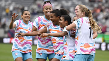 San Diego Wave FC defender Kennedy Wesley (12) celebrates after scoring during the first half against Bay FC  