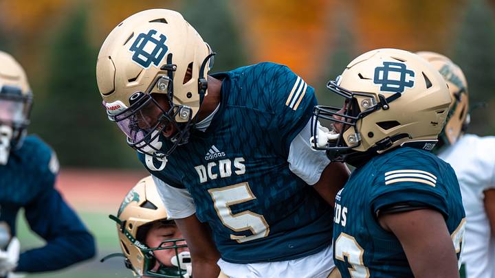 Detroit Country Day's Anthony Cartwright celebrates a defensive stop during a football against Monroe St. Mary Catholic Central on Saturday, Oct. 21, 2023.