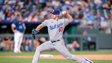 Jun 30, 2023; Kansas City, Missouri, USA; Los Angeles Dodgers relief pitcher Justin Bruihl (63) pitches during the ninth inning against the Kansas City Royals at Kauffman Stadium. Mandatory Credit: William Purnell-Imagn Images