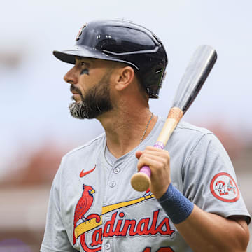 May 29, 2024; Cincinnati, Ohio, USA; St. Louis Cardinals designated hitter Matt Carpenter (13) walks off the field after striking out in the sixth inning against the Cincinnati Reds at Great American Ball Park. Mandatory Credit: Katie Stratman-Imagn Images