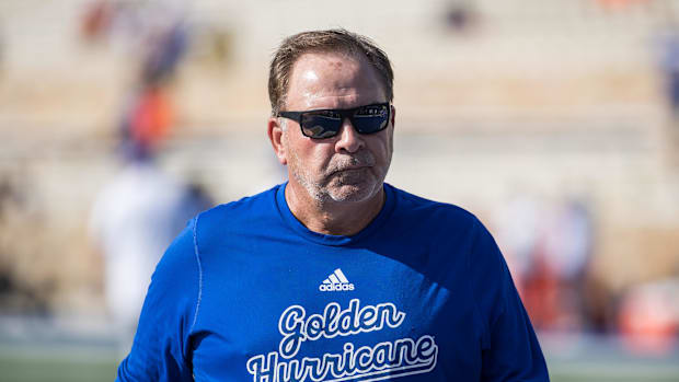 Sep 14, 2024; Tulsa, Oklahoma, USA;  Tulsa Golden Hurricane head coach Kevin Wilson during warmups before a game against the 