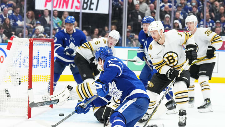Apr 27, 2024; Toronto, Ontario, CAN; Toronto Maple Leafs right wing Mitch Marner (16) scores a goal against the Boston Bruins during the third period in game four of the first round of the 2024 Stanley Cup Playoffs at Scotiabank Arena. Mandatory Credit: Nick Turchiaro-USA TODAY 