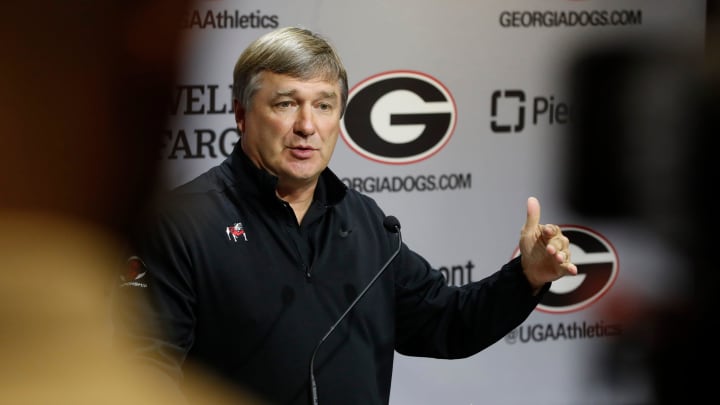 Kirby Smart speaks to the media on the first day of practice on Thursday, Aug 1, 2024.