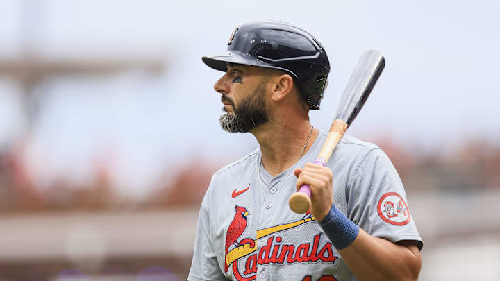 May 29, 2024; Cincinnati, Ohio, USA; St. Louis Cardinals designated hitter Matt Carpenter (13) walks off the field after striking out in the sixth inning against the Cincinnati Reds at Great American Ball Park. Mandatory Credit: Katie Stratman-Imagn Images