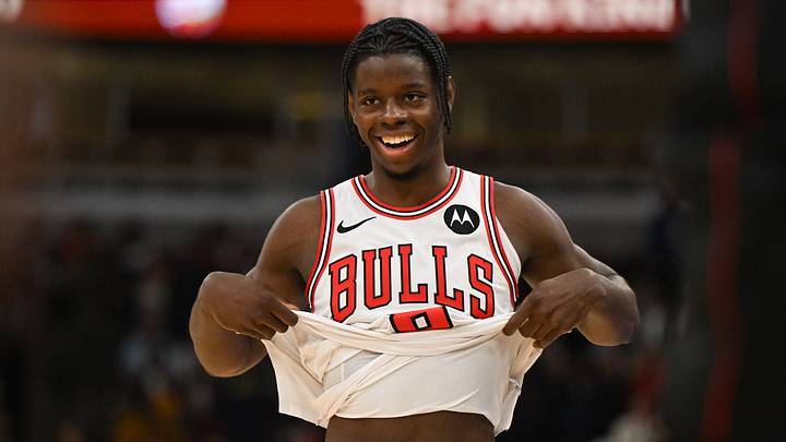 Oct 9, 2026; Chicago, Illinois, USA;  Chicago Bulls forward Caleb Wilson (8) reacts after missing a basket against the Memphis Grizzlies at the end of the game at United Center.  Mandatory Credit: Matt Marton-Imagn Images
