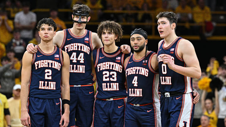 Jan 11, 2026; Iowa City, Iowa, USA; Illinois Fighting Illini guard Andrej Stojakovic (2) and center Zvonimir Ivisic (44) and guard Keaton Wagler (23) and guard Kylan Boswell (4) and forward David Mirkovic (0) look on during the second half against the Iowa Hawkeyes at Carver-Hawkeye Arena. Mandatory Credit: Jeffrey Becker-Imagn Images